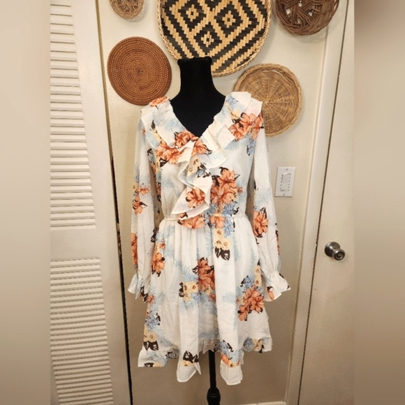 LAST ONE! Light Blue V Neck Mini Dress With Ruffles - Picture 2 of 8